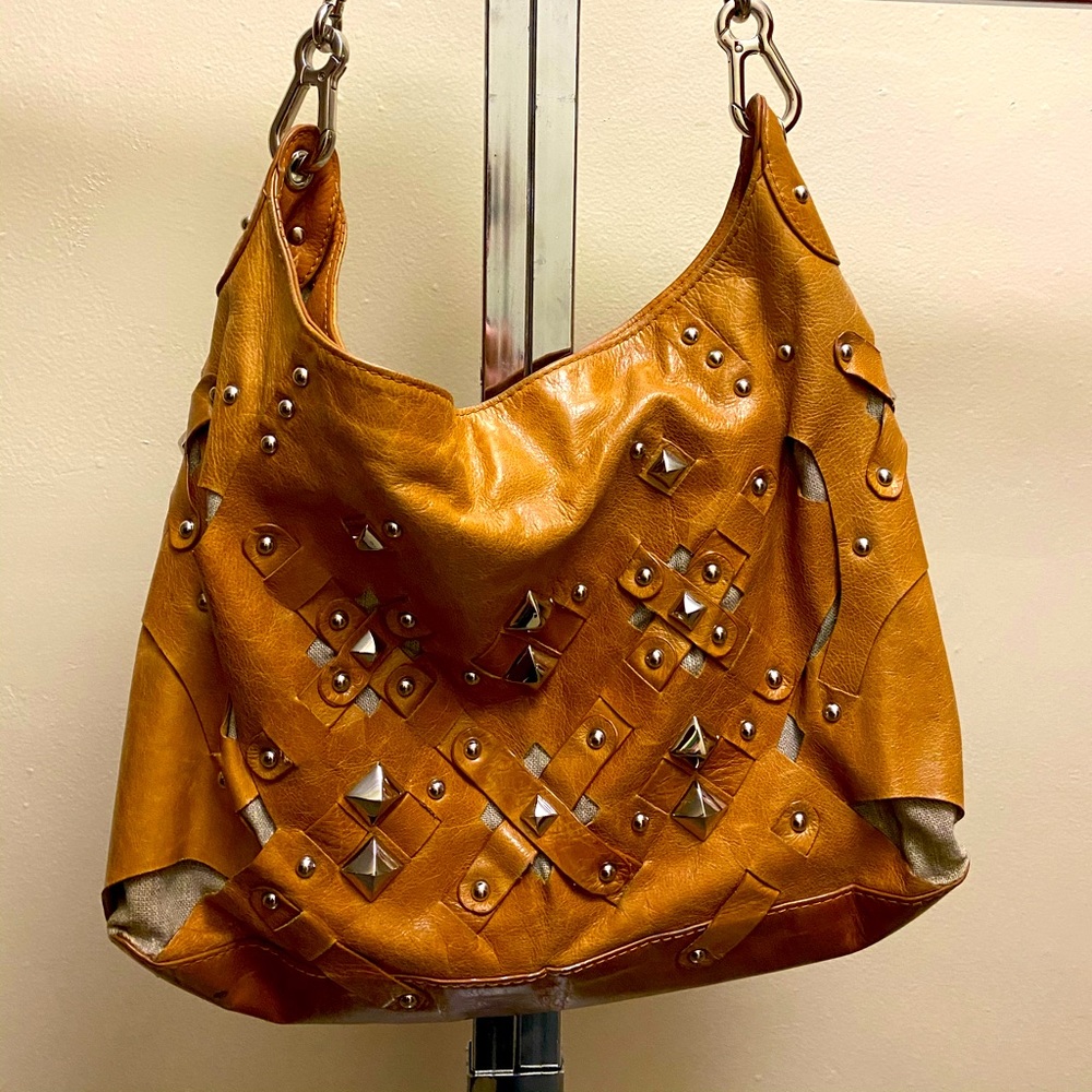 Wow Factor Camel Tan Shoulder Bag with Silver Pyramid Studs by Rafé, circa 2006